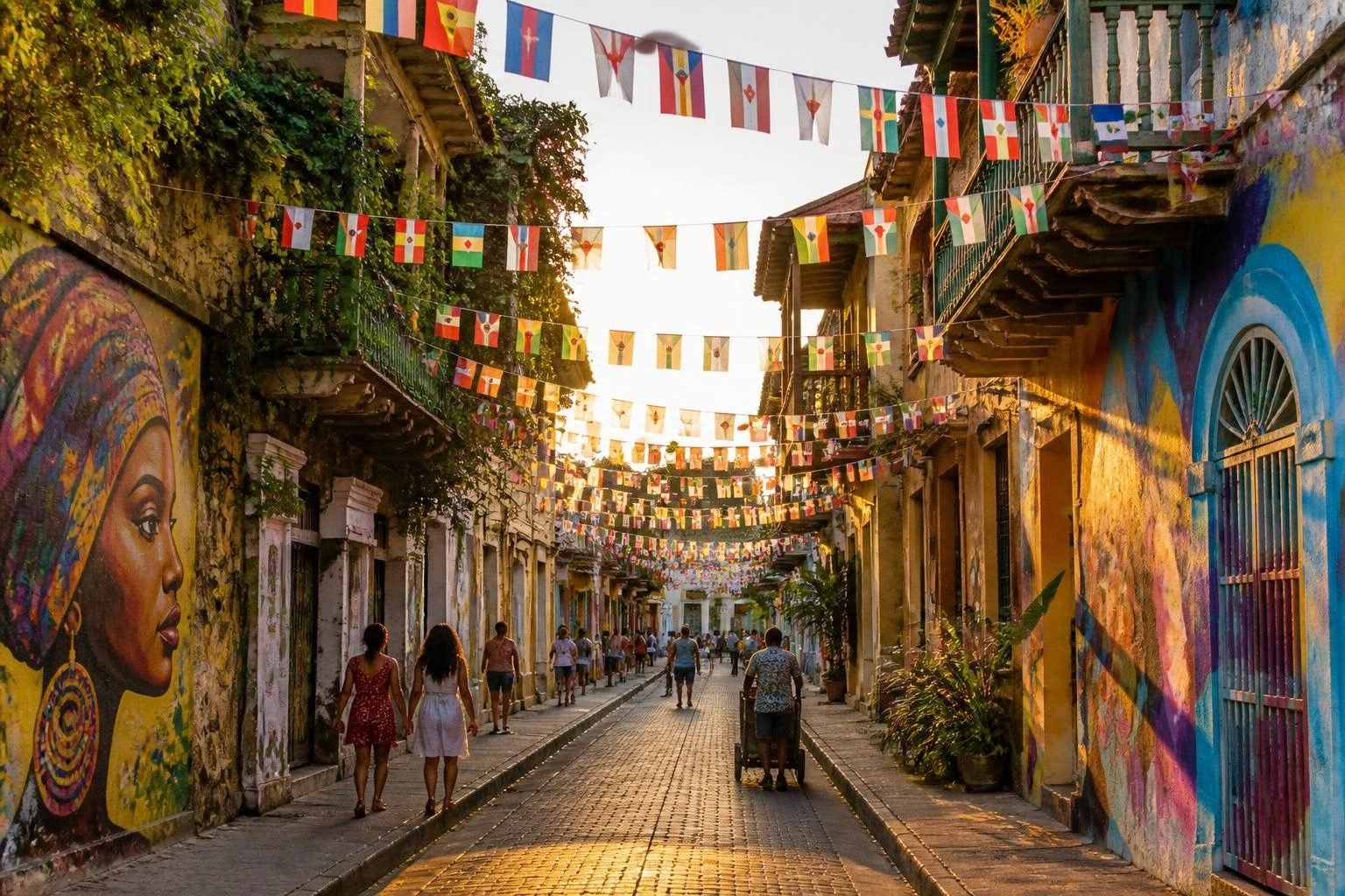 Flags from many countries hanging over Calle de la Sierpe