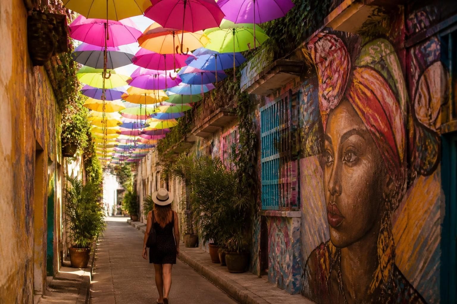 Colourful umbrellas over a narrow alley in Getsemaní