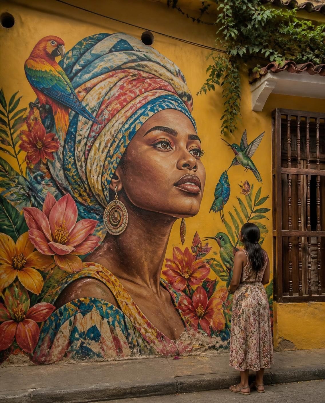 Large street art mural of an Afro-Colombian woman
